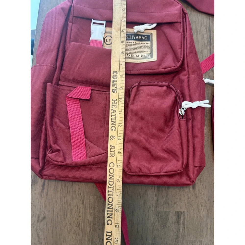 Lanshiyabag 5pc Backpack Set Maroon Burgundy School Travel Messenger Bag‎ Pouch
